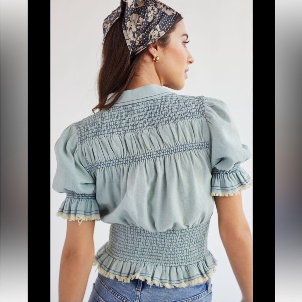 Pilcro Light Blue Ruffle-Smocked Button Front Top - Picture 2 of 11